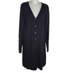 Eddie Bauer Womens Cardigan Sweater 100 % Fine Italian Merino Wool Black Long